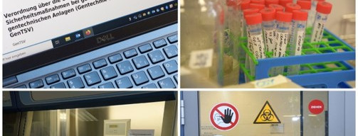 Impressionen aus einem Labor Sicherheitswerkbank, Zentrifugenröhrchen und Eingangstür mit Gefahrhinweisen