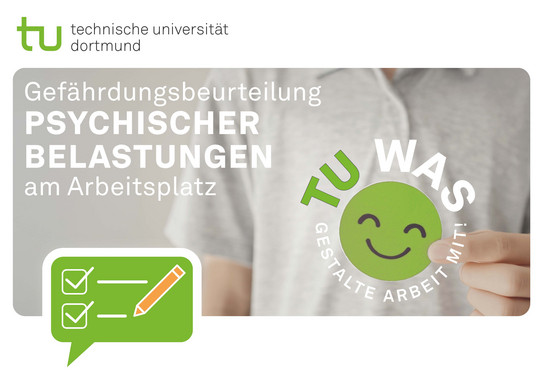 Eine Person zeigt ein Smiley, umrundet mit den Worten TU WAS und Gestalte Arbeit mit