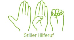 drei gezeichnete Hände, mit flacher Handfläche, eingeklapptem Daumen und vier Finger, die sich über den umgeknickten Daumen legen